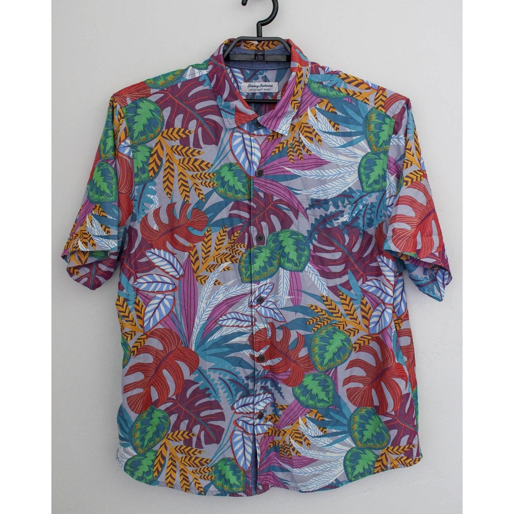 Tommy Bahama Button Up Shirt Mens XL Multicolor Hawaiian Leaf Short Sleeve